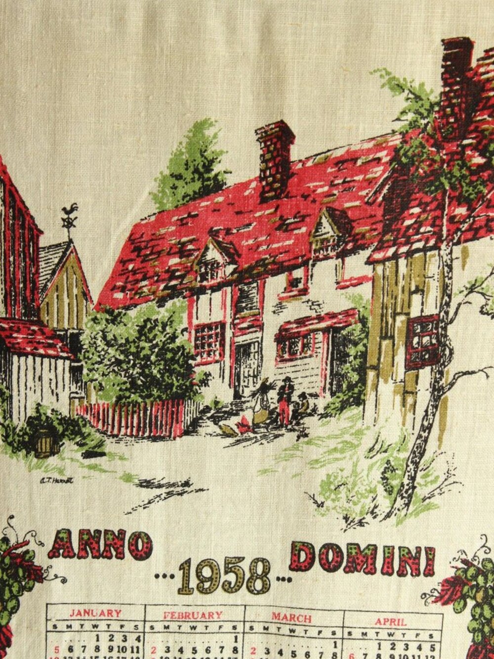 Vintage 1950s Calendar Towel, 1958 Stevens Linen Country Home Print with Hanging - Picture 4 of 14